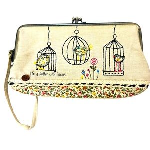 Natural Life Embroidered Wristlet Wallet Bird Cottagecore Hippie-Chic Boho Artsy